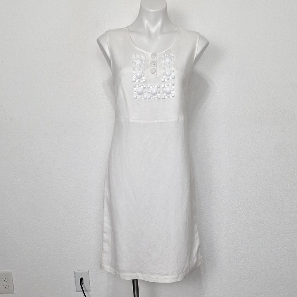 Emma James White Linen Blend Romantic Old Money Beaded Knee Length Dress Size M